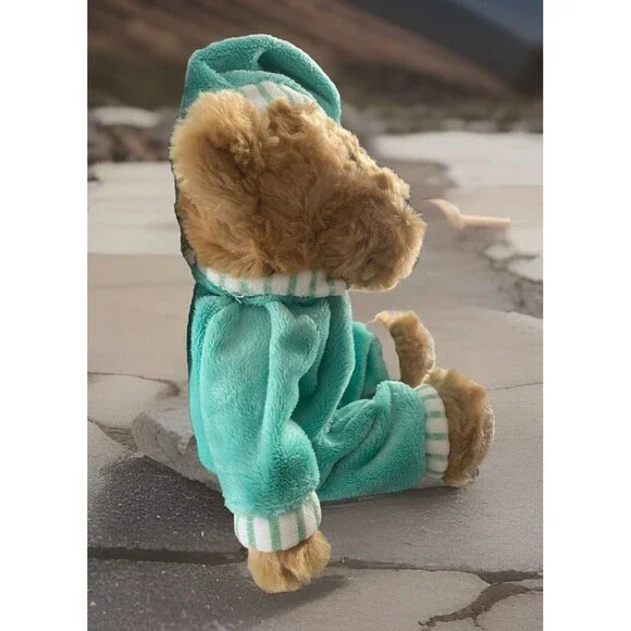 VGUC-11” FAO SCHWARZ Toys R Us TEDDY BEAR IN GREEN PAJAMAS Plush STUFFED ANIMAL - Picture 2 of 8